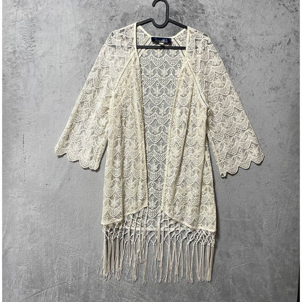 Cream Sheer Lace Fringe Open Front Kimono Small Boho Festival